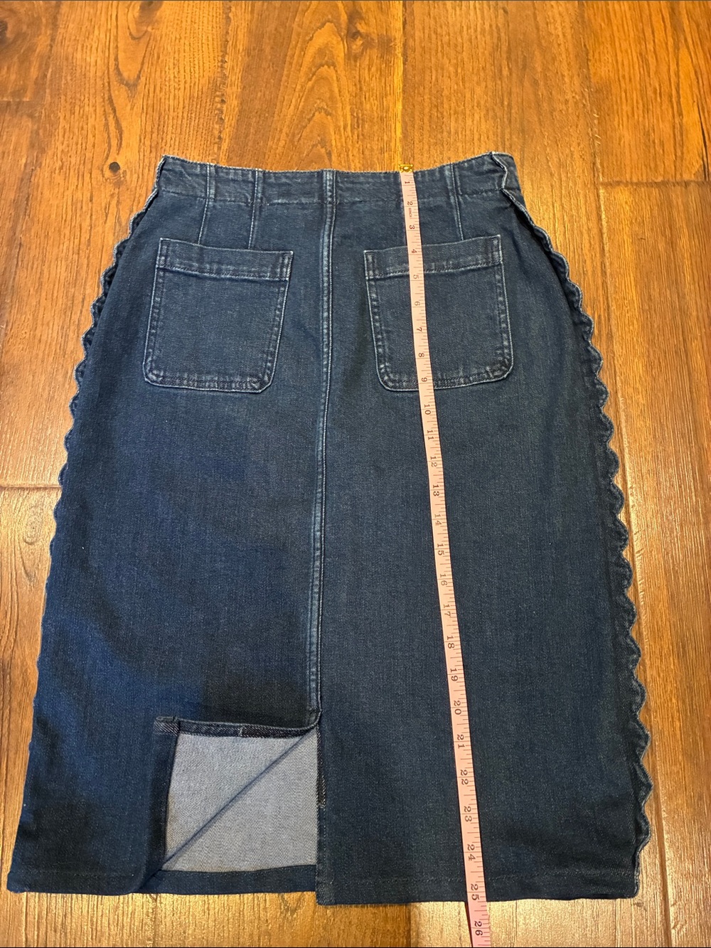 Maeve Dark Blue Denim Pencil Skirt with Scalloped Side Trim - Picture 8 of 11